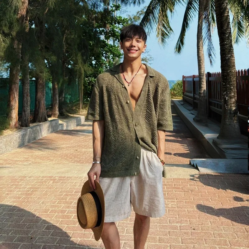 Men's Old Money Style Knit Shirt Set Cuban Collar Hollow Out Vacation Outfit