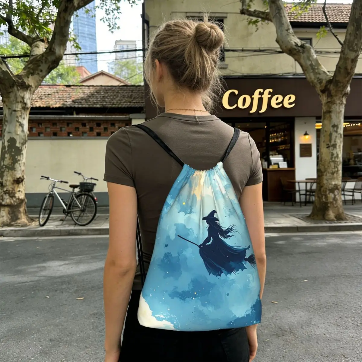 

Flying Witch And Bat In The Sky Backpacks Fashion Drawstring Bags Storage Bag Book Bags for Man Woman Students