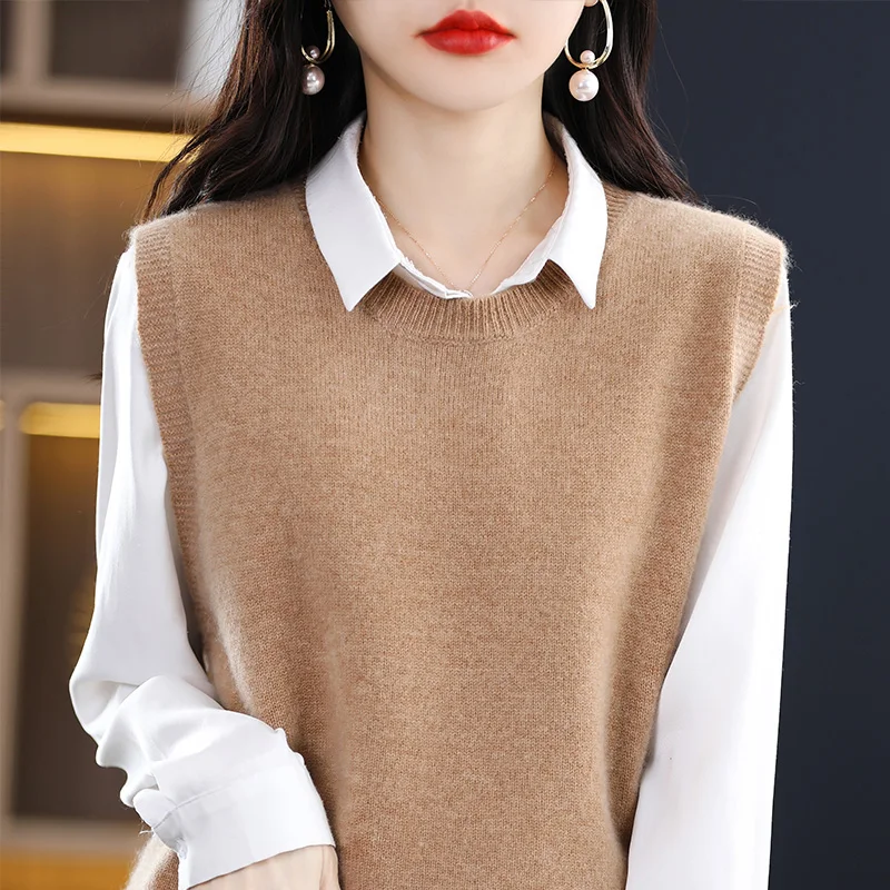 

2024 Women Spring Autumn New Loose Pullover Vest Female Round Neck Knitted Waistcoat Ladies Warm Sweater Sleeveless Tops Y205