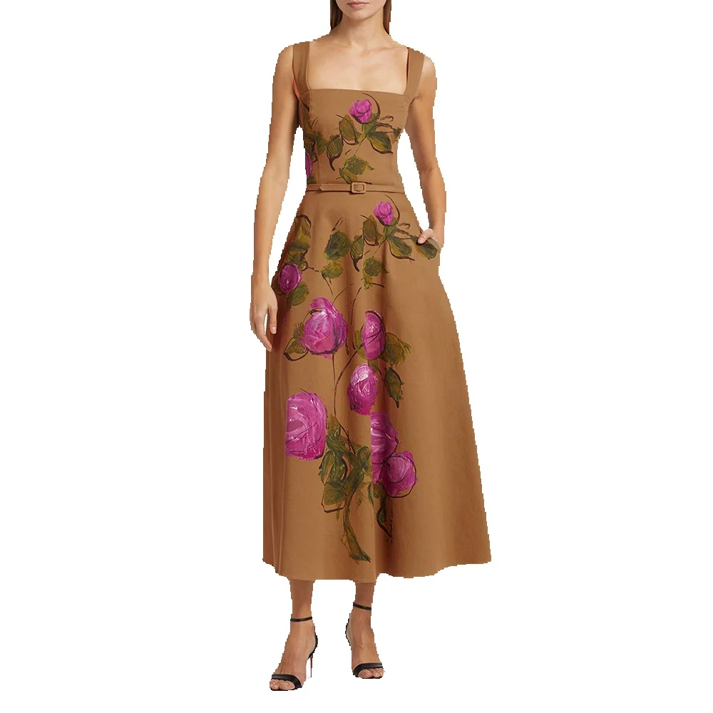 

Elegant Printing Midi Dress For Women Square Collar Sleeveless High Waist Patchwork Sashes Temperament Folds Dresses Female
