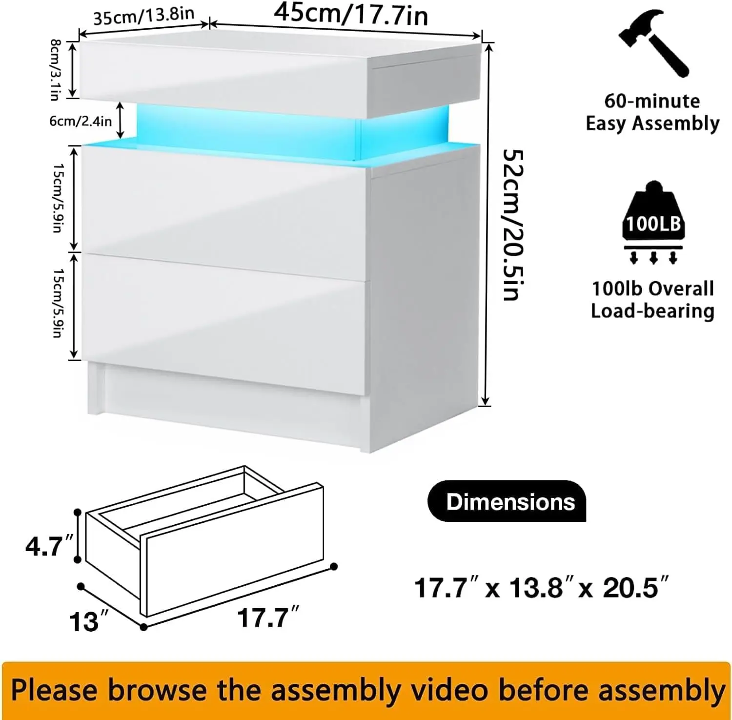 2 LED Nightstands White Led Bedside Table with 2 High Gloss Drawers Modern Nightstand with Led Light Smart Night