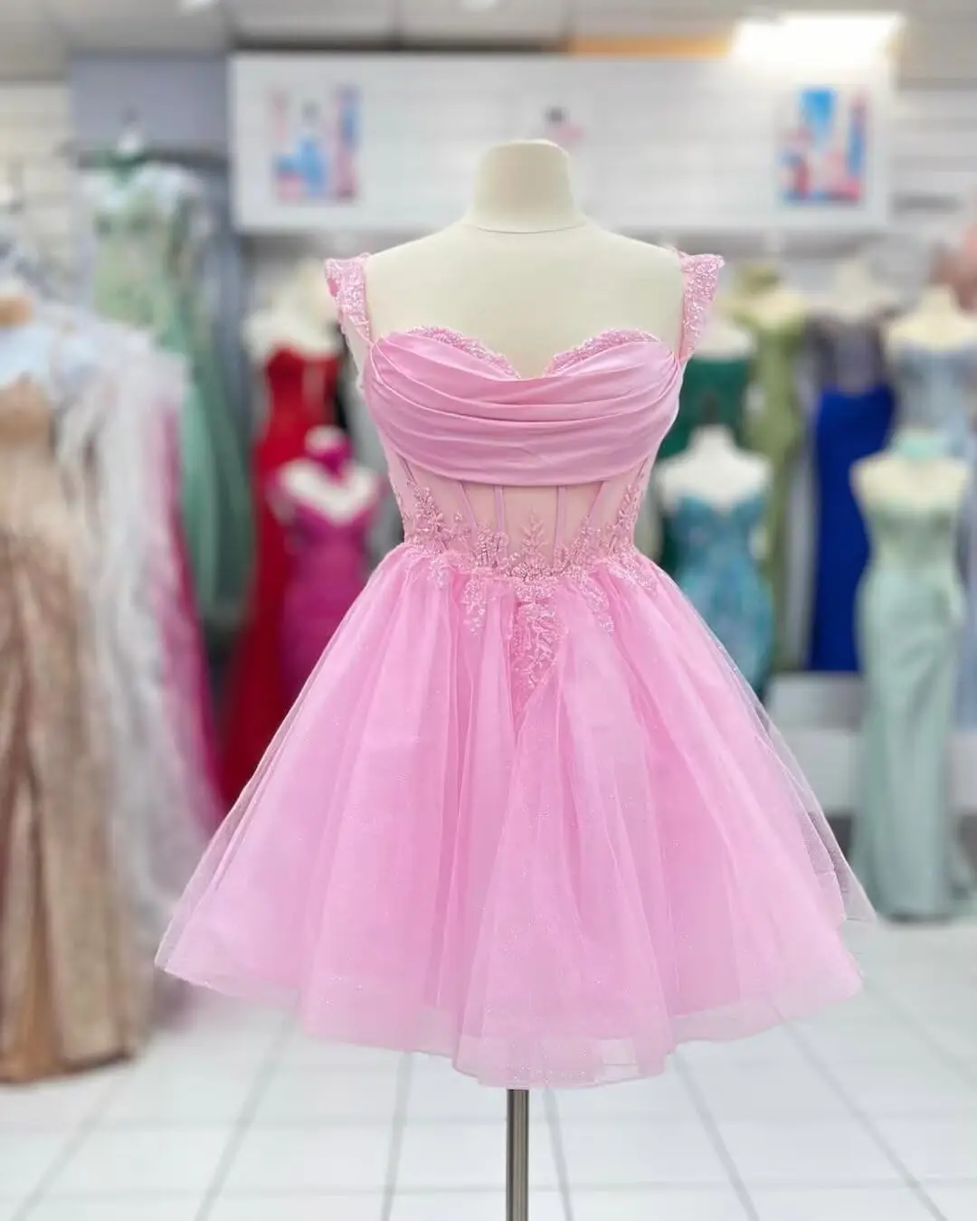 Robes de soirée à épaules dénudées pour adolescents, robes en dentelle scintillante pour Quinceanera, robe de bal courte bouffante en Tulle