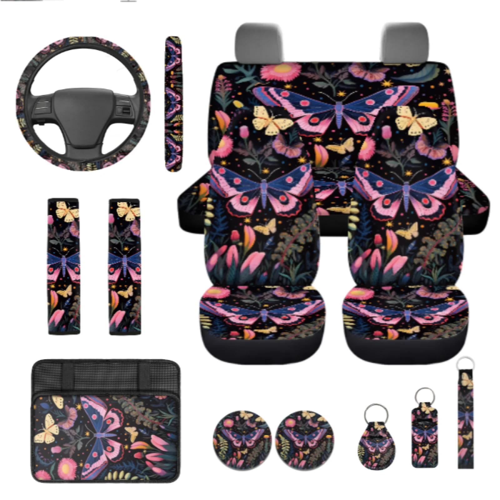 Coloranimal Butterfly Floral Print 13 PCS Set Car Seat Covers Set with Comfortable Lipstick Sleeve and Car Armrest Box Pad
