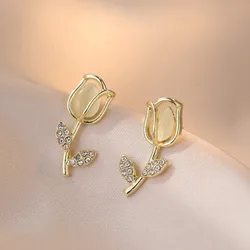 Temperament Tulip Flower Opal Stud Earrings for Women Retro Classic Stainless Steel Zircon Korea Trendy Jewelry Accessories Gift
