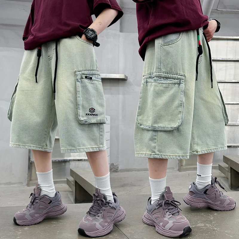 Loose Style Kids Child Vintage Light Blue Denim Shorts with Pocket for Big Boys Summer Drawstring Cargo Shorts 5 6 8 10 12 14 T