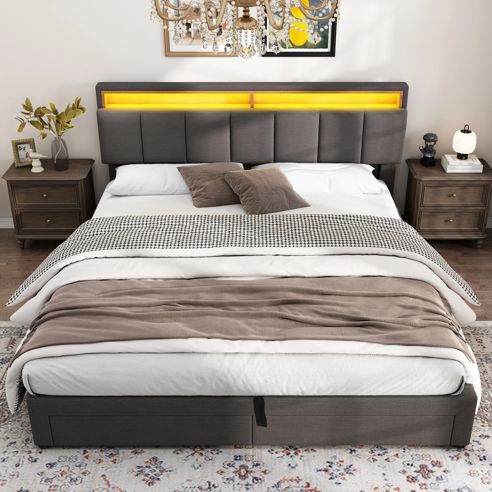 Comanlai 180x200cm Graues Gepolstertes Doppelbettgestell mit LED-Beleuchtung, Hydraulisches Stauraumbett mit Schubladen, Schaumstoff-Kopfteil, Stahlrahmen, Leinen-Schlafzimmermöbel