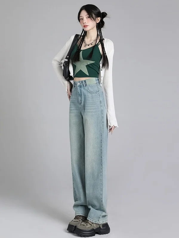 

Nostaic Blue High Waist Jeans for Women Spring New Loose Cleanfit Sle mid Elastici PU Fabric High Waist Large Size