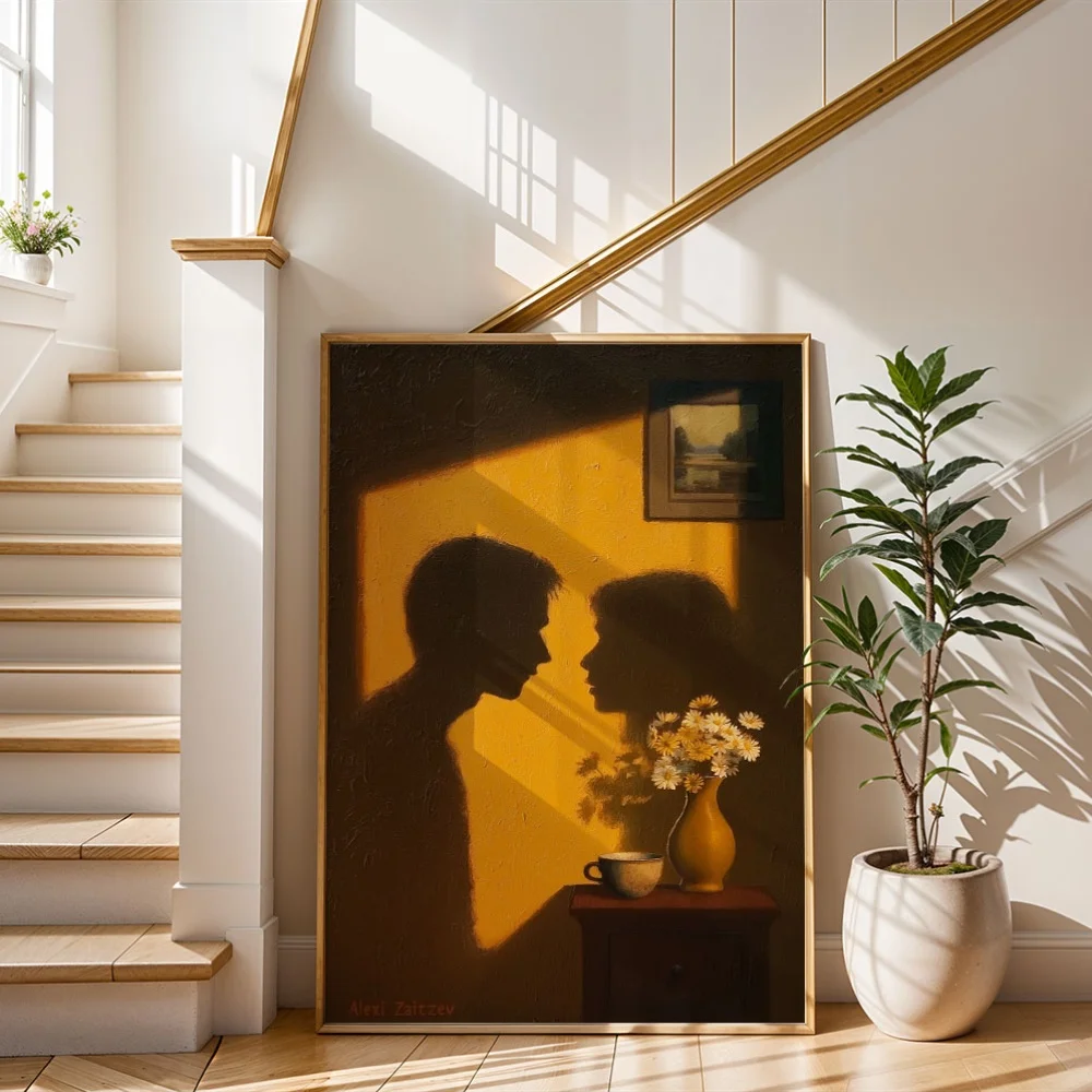 Light Shadow Couple Silhouette Still Life Oil Painting Canvas Wall Art, Warm Home Decor For Bedroom Living Room, 2D Print Poster