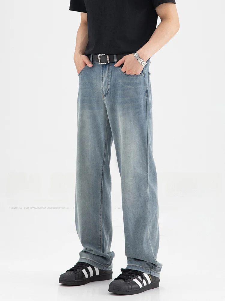 

Мужские джинсы Lysel с широкими штанинами, летние прямые джинсы из ледяного шелка, свободные утягивающие драпировки, американские ретро Sle, молодежные модные