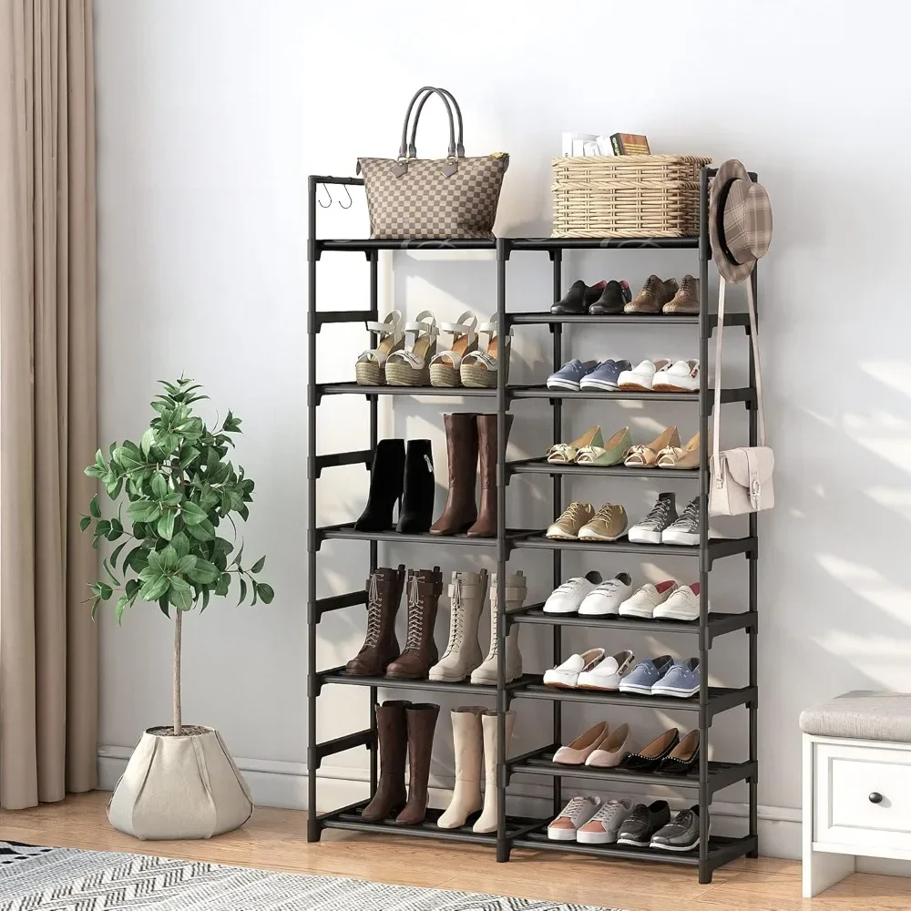 

9 Tiers Black Shoe Rack Shoes Storage Shoes Organizer 30-35 Pairs Shoe Tower Unit Shelf with Metal Pipes Plastic Connector