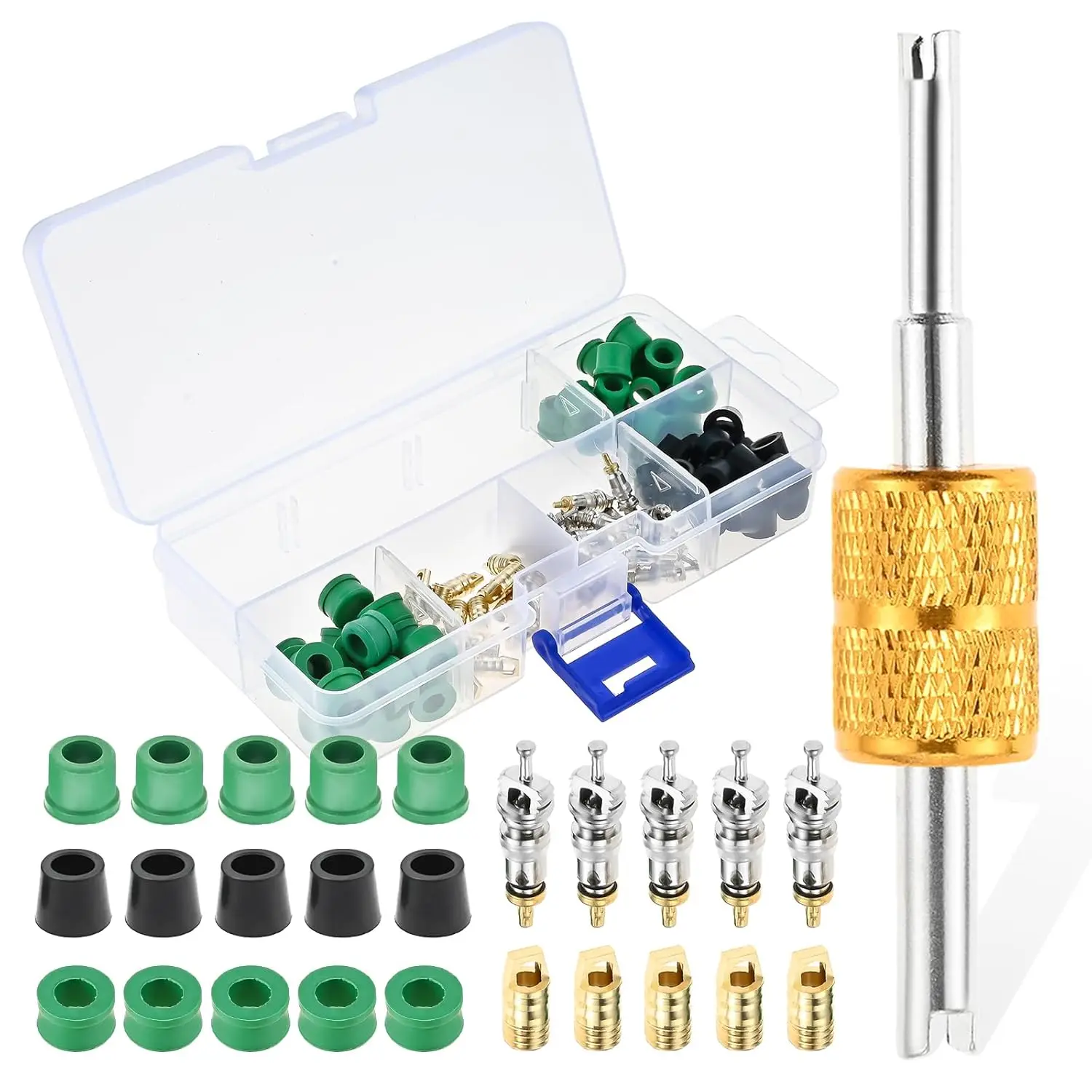 R134A R22 R410 Air Condition Repair Kit With 60Pcs Hose Gaskets 20Pcs Valve Cores 20Pcs Thimble and 1 Valve Core Remover Tool