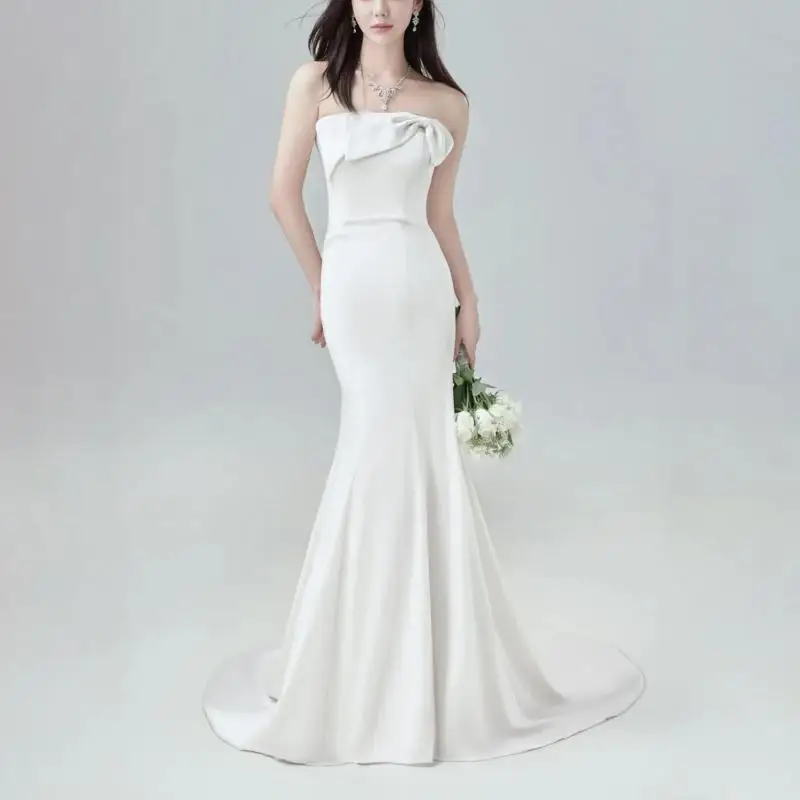 Newest Mermaid Wedding Dresses With Train Elegant Long Satin Bridal Dress Classic Sexy Strapless Simple Sukienka Na Wesele