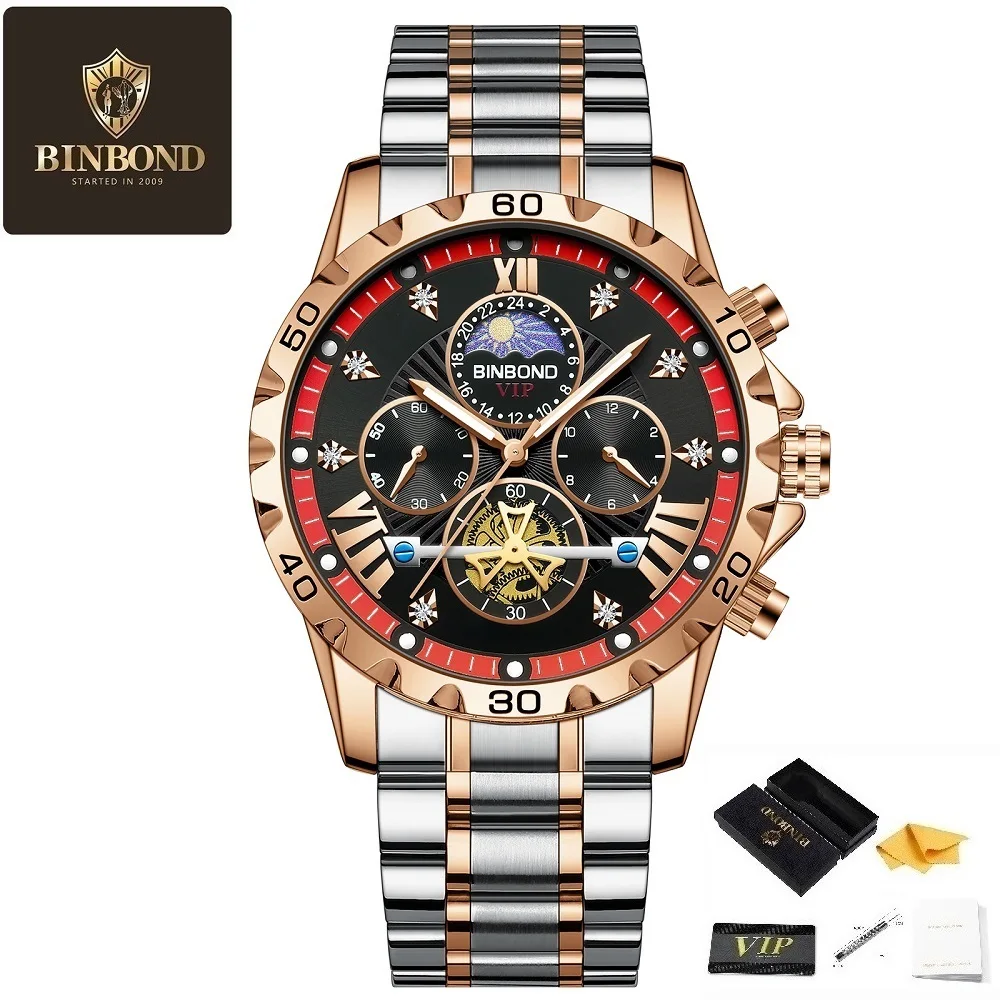

BINBOND Men's Watch Top Luxury Business Men's Watch Night Light Pointer Waterproof Flywheel Quartz Watch Stainless Steel Strap