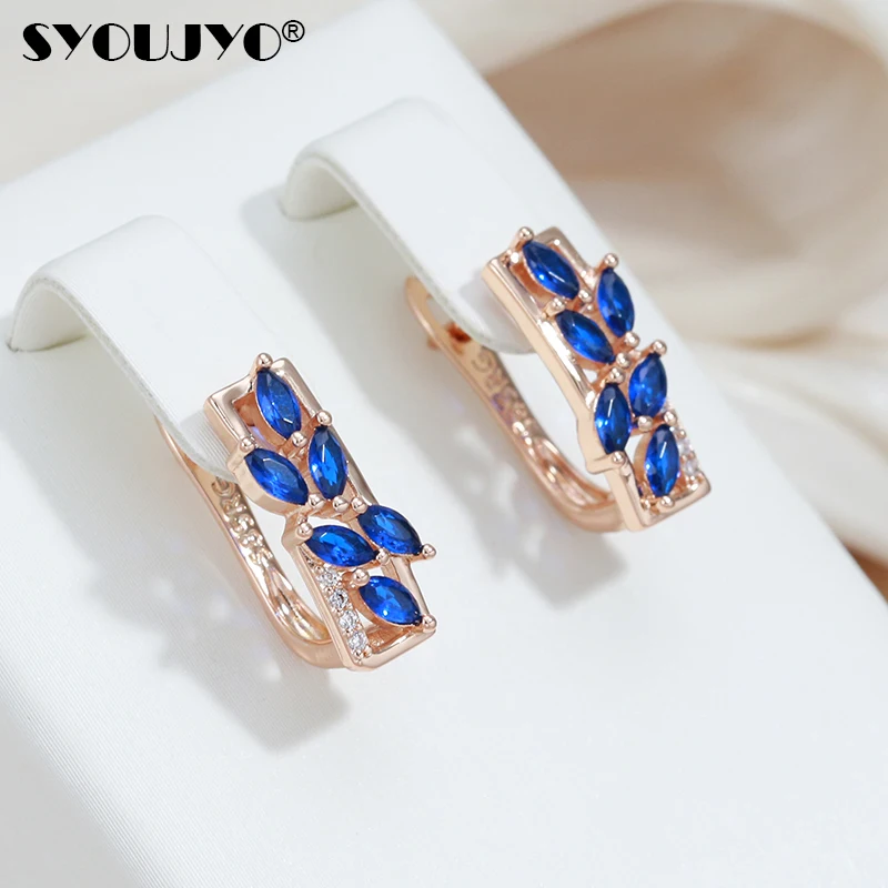 

SYOUJYO Square Blue Leaf Natural Zircon English Earrings For Women 585 Rose Gold Color Trendy Colored Gemstones Earrings Jewelry