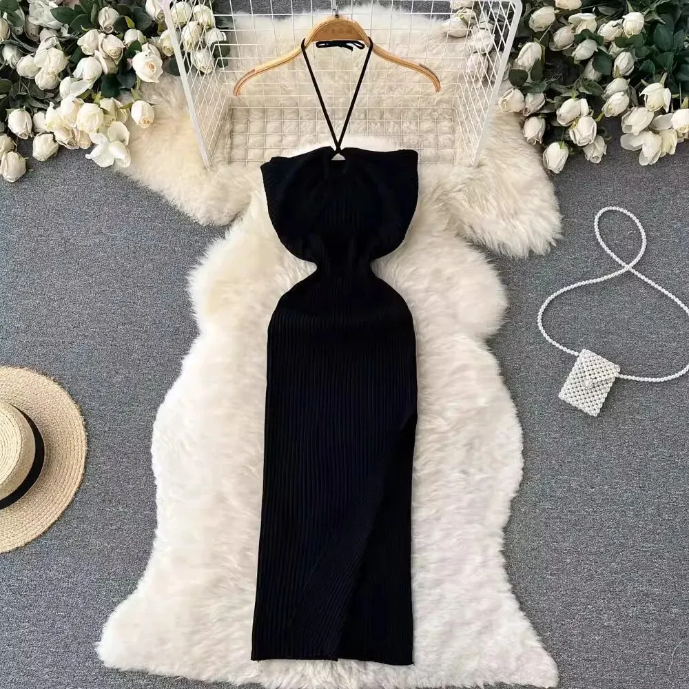 Kleider für Frauen Sexy Paket Hüften Hohe Split Bodycon Party Kleid Sommer Rippen Stricken Strand Vestidos Urlaub Partwear