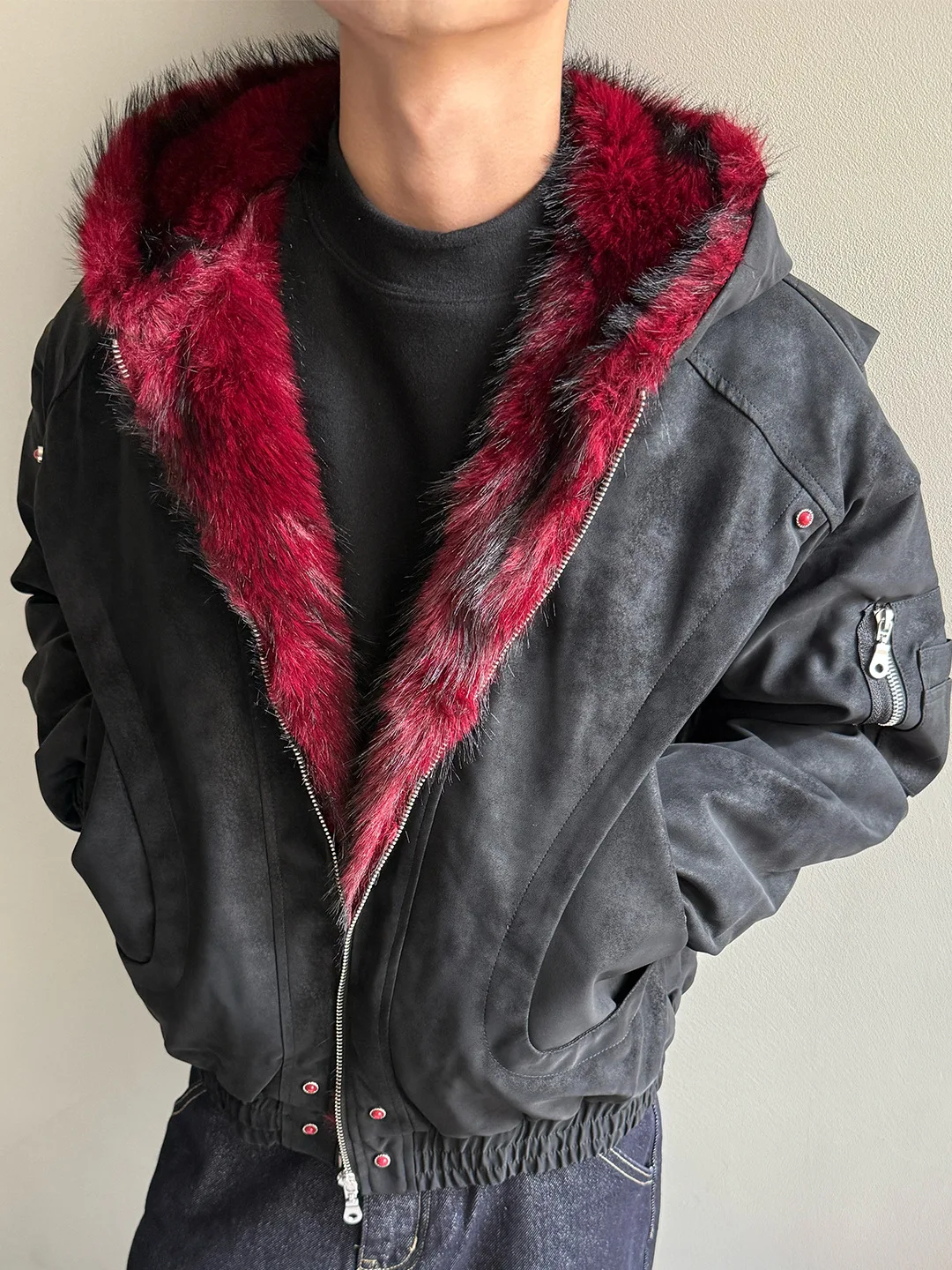 Unisex Lined Hooded Bomber Jacket, Red Black Plush Collar Zip Up Black Flight Coat,Gothic Streetwear Cropped Winter Outerwear