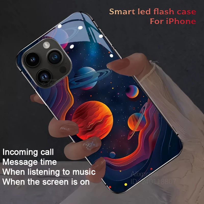

Red Cosmic Starry Phone Case Luminous Planet Cover For iPhone 16 15 14 13 12 17 11 X XR XS Plus Pro Max Mini LED Flash Shell