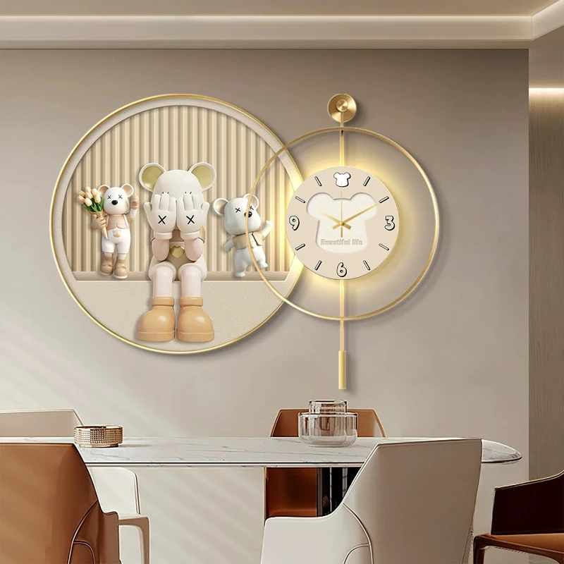 Cream Style Decorative Painting Belt Wall Clock Creativity Living Room Cartoon Bear Sway Clock Bedroom Mute LED Watch Home Decor
