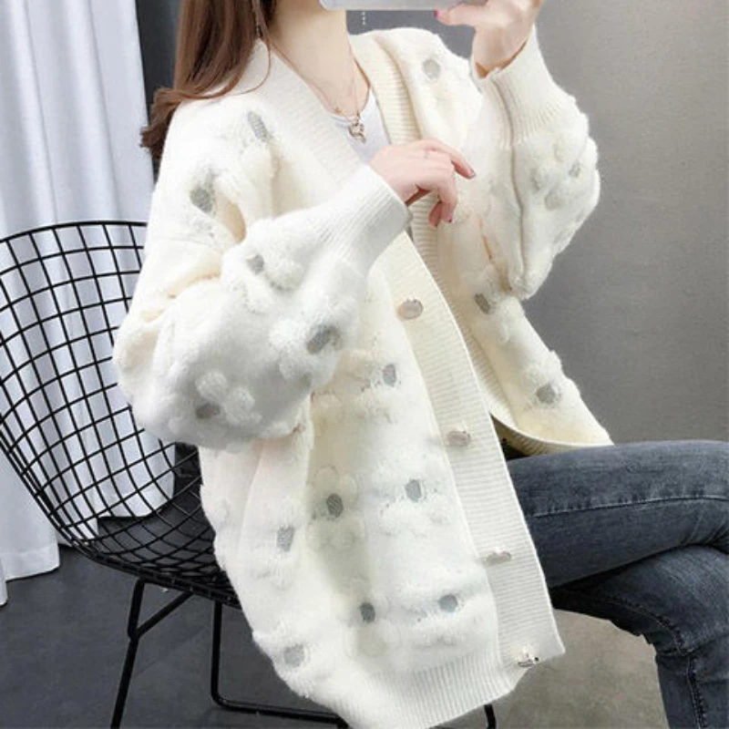 Internet Celebrity Knitted Cardigan Jacket for Women Loose Lantern Sleeves Lazy Style Top Knitted Sweater for Women