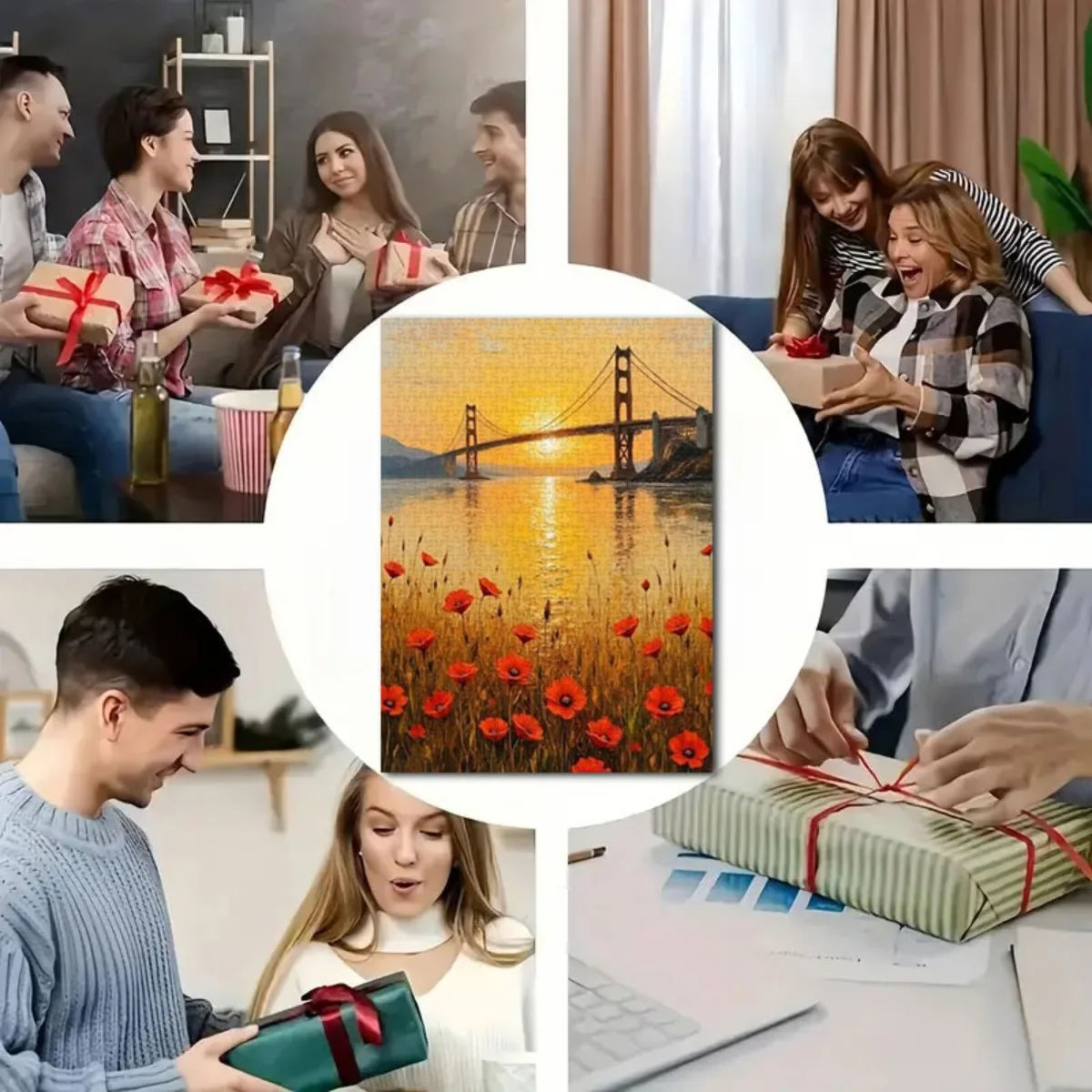 500/1000/1200ピース 大人＆家族向けジグソーパズル - ゴールデンゲートブリッジ、3Dポピー畑をモチーフにした大きな挑戦的な脳トレパズル