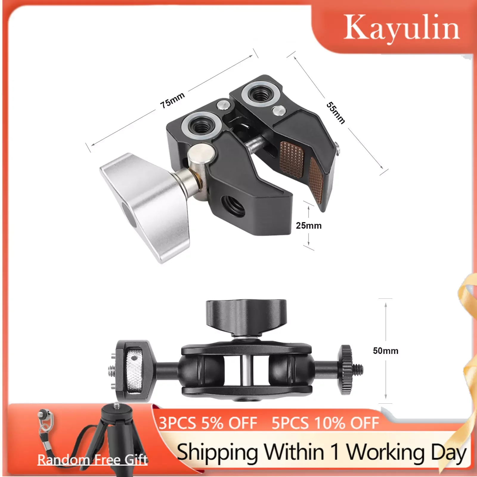 Kayulin Super Clamp Crab Pliers Clip Bracket With 1/4 Screw Ball Head Extension Arm Double-ended 1/4