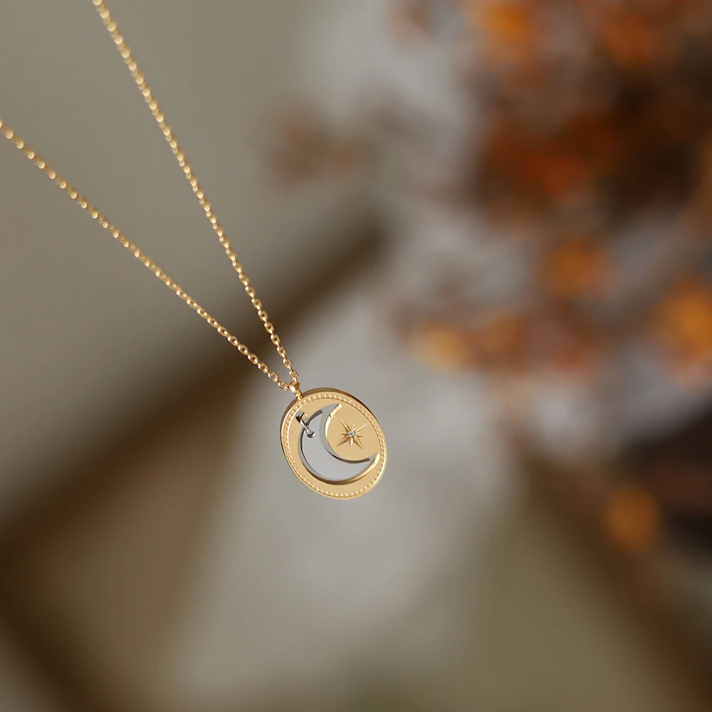 Stainless Steel Plated 18K Gold Bicolor Metallic Moon Stars Necklace Women Creative Girlfriend Valentine's Day Jewelry Gift