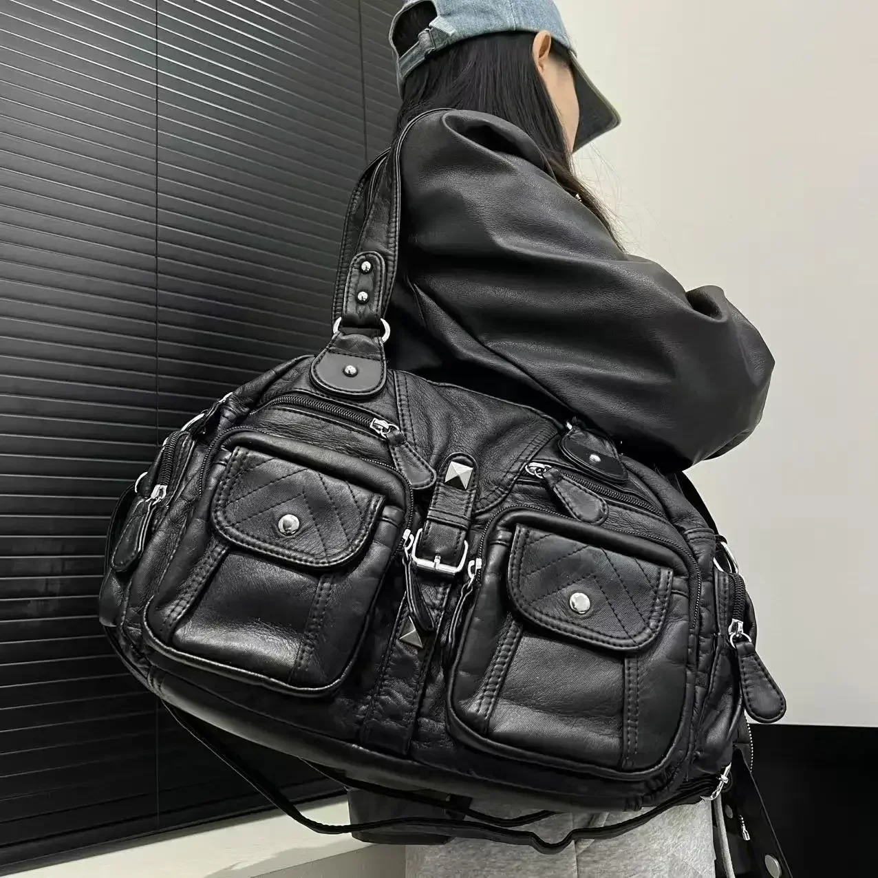 Moda feminina retro vintage quente menina motocicleta sacola com grande capacidade y2k lavado bolsa de ombro de couro vegano