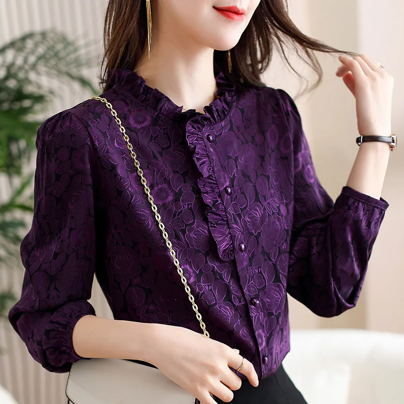 Women Clothes Lace Ruffles Vintage Purple Loose Fashion Shirt Female Top Spring New All-match Elegant Blouse