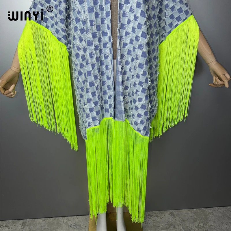 WINYI Denim tassel coat beach cover-up summer outfits for women Elegant fashion Cardigan sexy Holiday print maxi dress