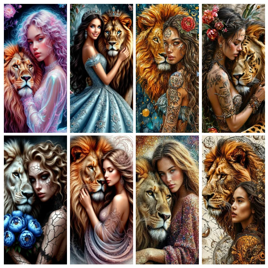 

Fullcang Beautiful Woman Large Diy Diamonds Painting Crown Princess Hugs Lion Full Mosaic Embroidery Picture Size 100x200cm
