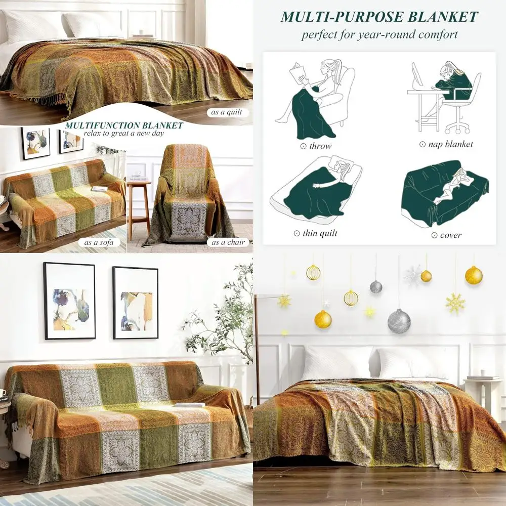 

Green Tribal Bohemian Chenille Sofa Cover - 87 x 102 for Couch, Chair & Bed