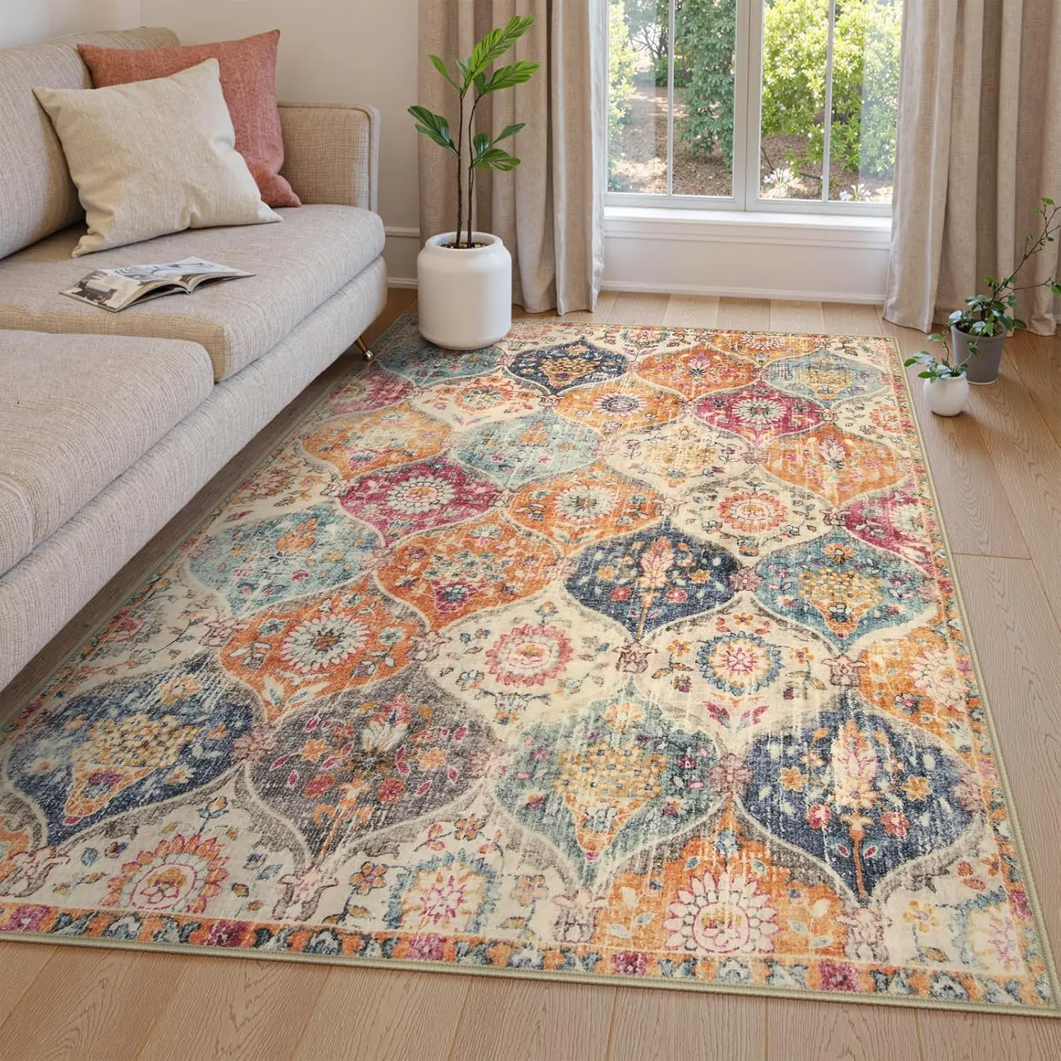 

Lahome Moroccan Machine Washable Rugs for Living Room, Rug for Bedroom Non-Slip Vintage Trellis Ultra-Thin Throw Carpet for