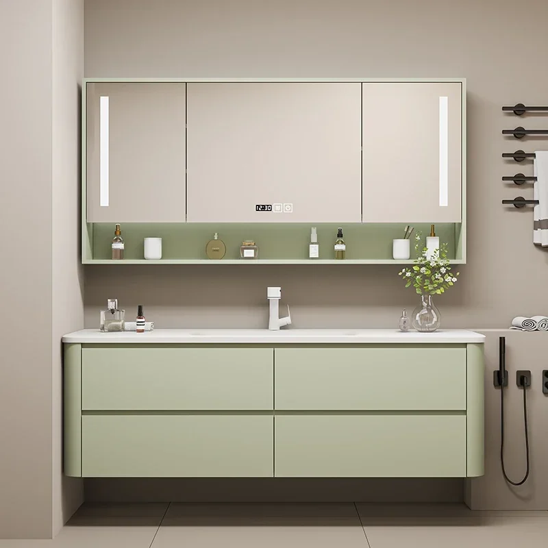 Beauty Double Washbasin Dual Pot Oak Vanity Bathroom Cabinet Furniture Basin Cabinet With Leds Combined Washbasin