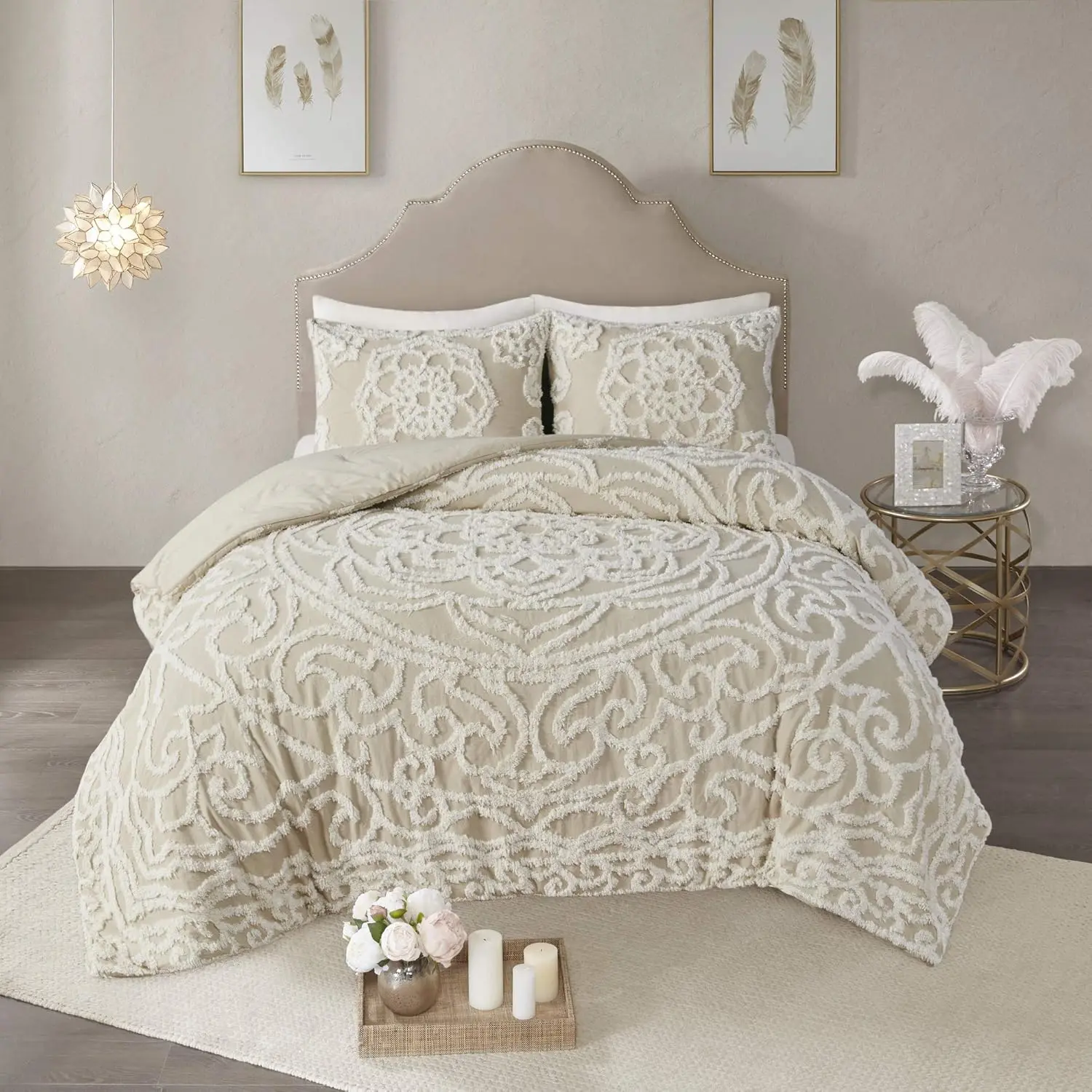 Park Laetitia Comforter Bohemian Tufted Cotton Chenille, Medallion Shabby Chic All Season Down Alternative Bed Set with Matching