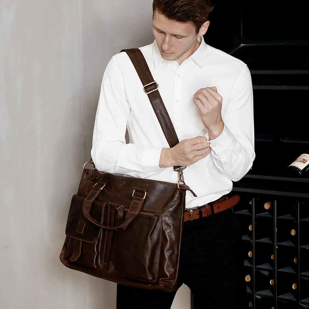 Sacs à main en cuir véritable pour hommes, étuis à bombes pour hommes, sac de bureau pour ordinateur portable 17 ", sac messager lancé, fourre-tout pour hommes, porte-folio