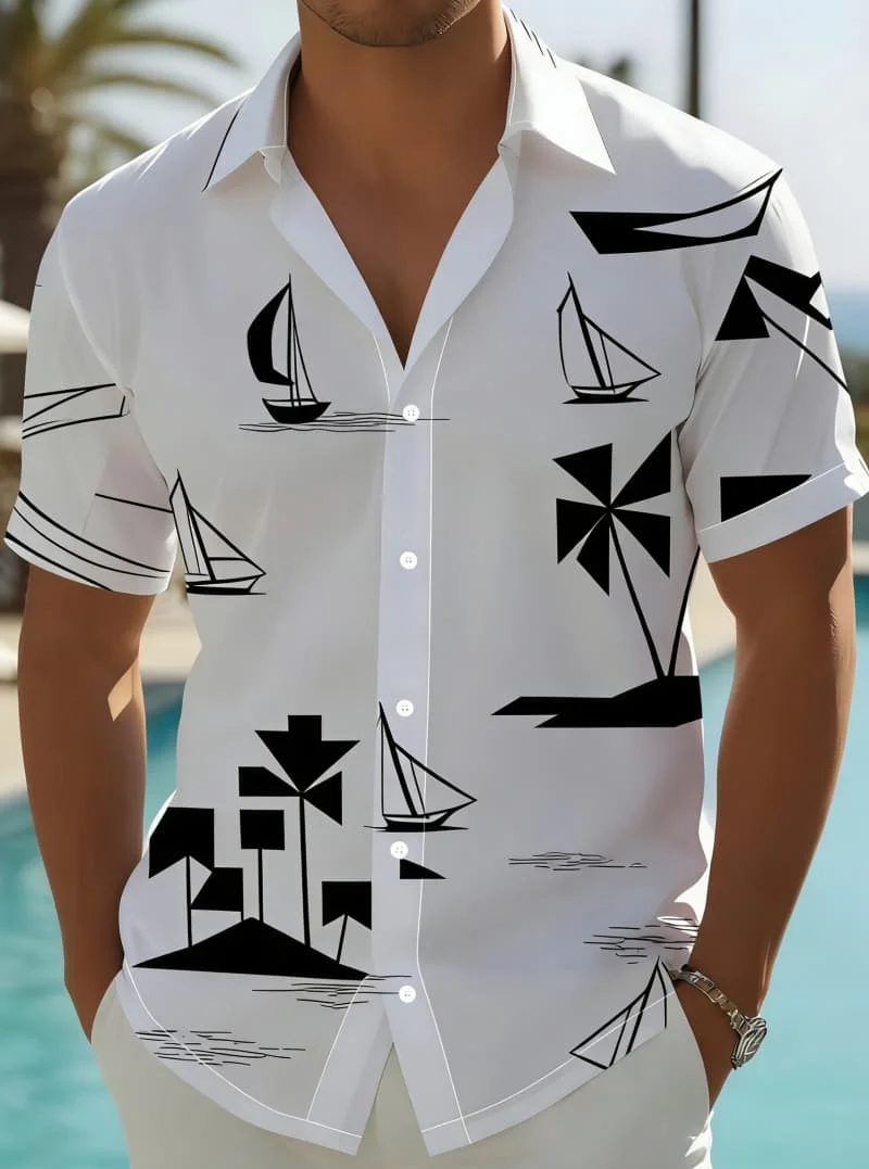 Men's Vintage Artistic Elegant Timeless Scenery Print Short Sleeve Shirt Casual Fashion For Daily Commute And Vacation Styling
