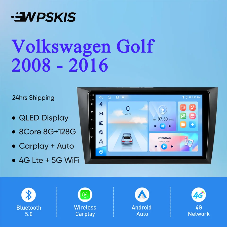 For Volkswagen VW Golf 2008-2016 Auto Stereo Radio Video Multimedia Player GPS Navigation Monitor Android 14 4G Lte WiFi Carplay