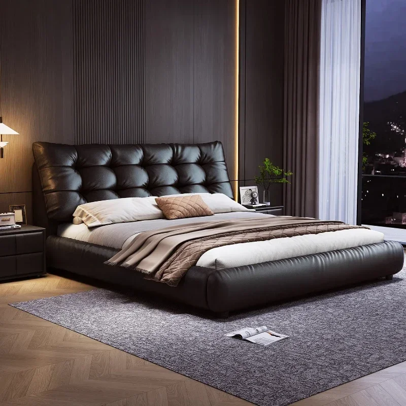 Italian minimalist leather bed retro big black bear bed modern minimalist master bedroom high-end atmospheric soft bag