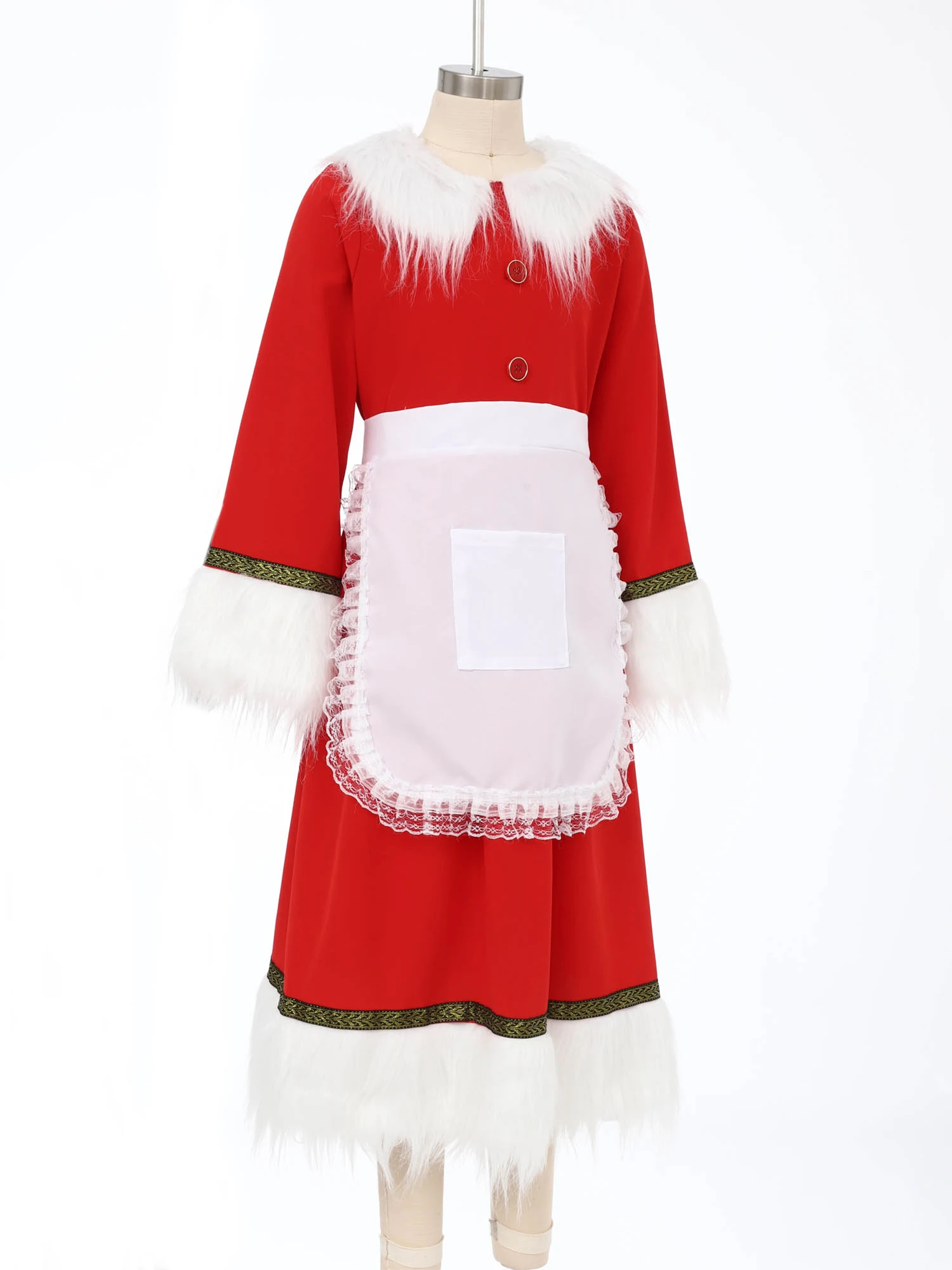 أزياء تنكرية للفتيات لعيد الميلاد سانتا كلوز فستان مكشكش بأكمام طويلة مع قبعة وبدلة مريلة لحفلات موضوع المهرجانات