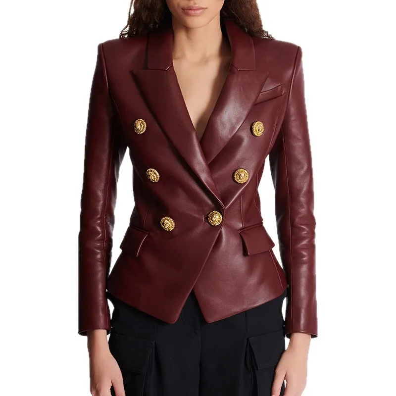 2026Early Spring New European American Celebrity Fashion Slim Fit High-Quality PU Leather Jacket Suit Jacket Burgundy traf woman