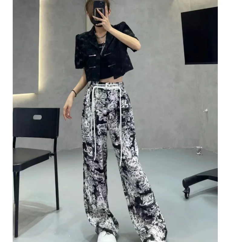 المرأة قيعان Vintage التعادل الأسود صبغ Pants غير رسمية عالية الخصر واسعة الساق السراويل المستقيمة موضة الشارع فضفاض واسع بنطلون السيدات #4