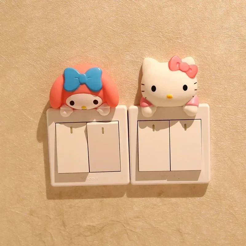 Kawaii HelloKitty Kuromi MyMelody 3d Doll Diy Switch Stickers Sanrio Anime Wall Socket Protective Cover Decorative Children Gift