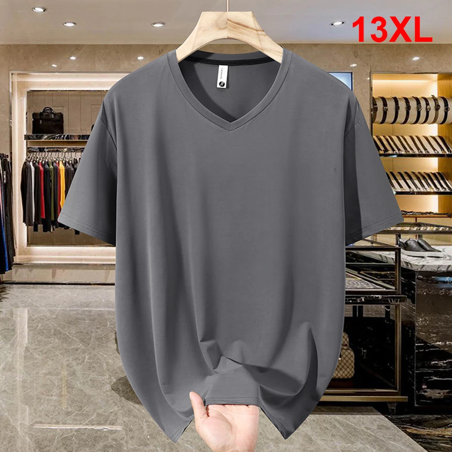13XL 12XL Plus Size T-shirt Men Summer V-neck Tshirts Fashion Casual Solid Color Short Sleeve Tops Tees Male Big Size 13XL 12XL