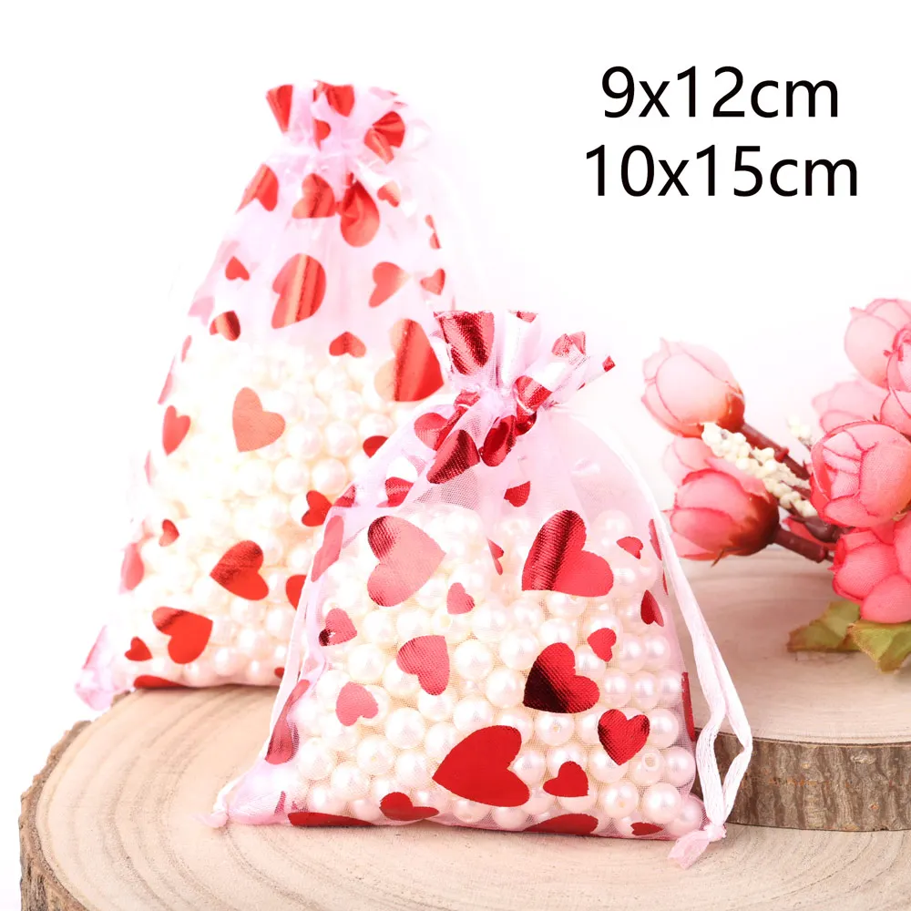 25pcs/Lot Red Love Heart Organza Bags 9x12cm 10x15cm 13x18cm Wedding Christmas Party Candy Storage Gift Pouches Jewelry Bag