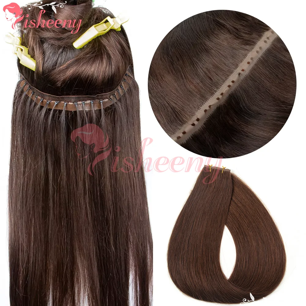 Isheeny PU Hole Hair Weft Real Human Hair Straight Perforated Hair Weft Easy Install Sew In Hair Extensions For Women Hair Volume Up