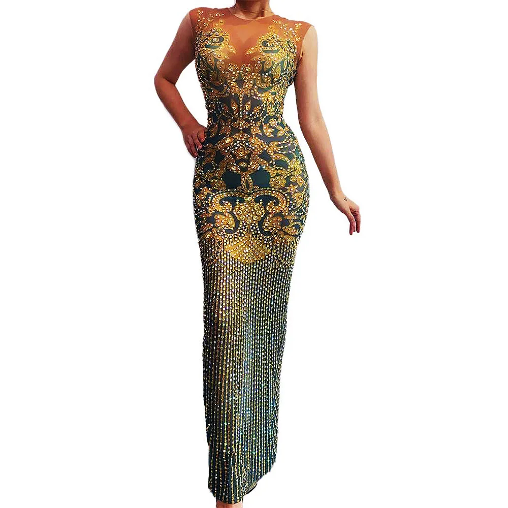 Vestido largo Sexy para mujer, lentejuelas con diamantes de imitación de cristal para fiesta de noche, trajes de Club de cumpleaños, disfraz de graduación, Reina 2026