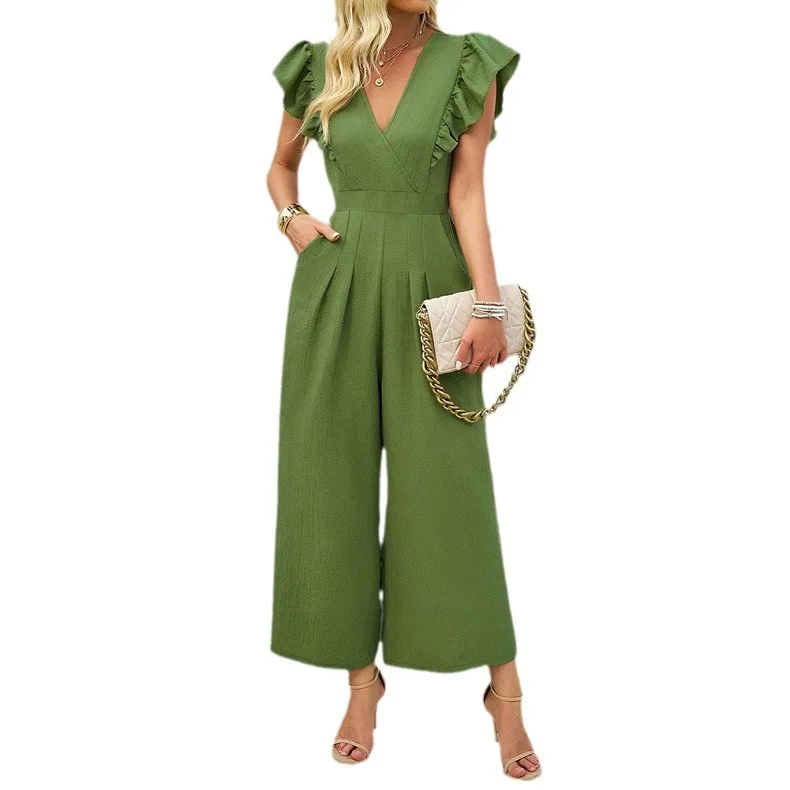 Elegant And Fashionable Ruffled V-neck Women's Wide Leg Pocket Jumpsuit 2025 Spring/summer Temperament Solid Color Top Jumpsuit