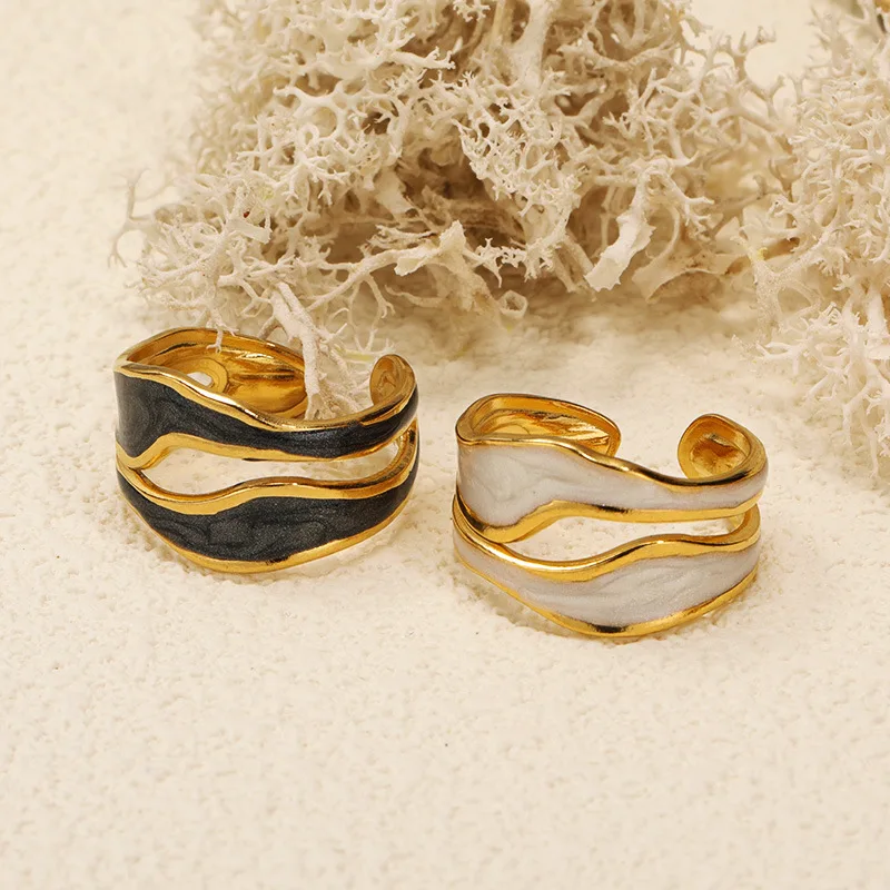 Vintage Stainless Steel White Oil Drip Open Rings for Women Fashion Gold Color Geometric Adjustable Finger Ring Jewelry 2023