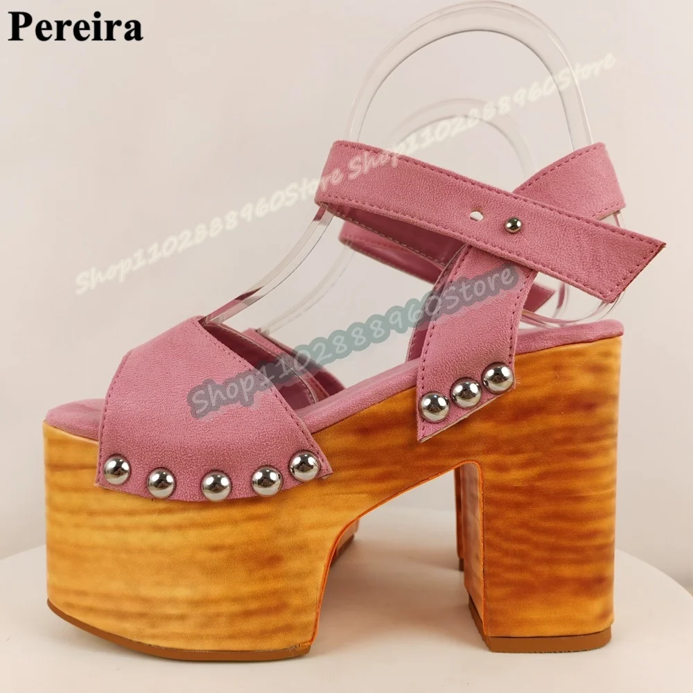 

Pink Flock Wood Printing Platform Sandals Chunky High Heel Shoes For Women Ankle Buckle Strap Open Toe Occidental Party Sandals