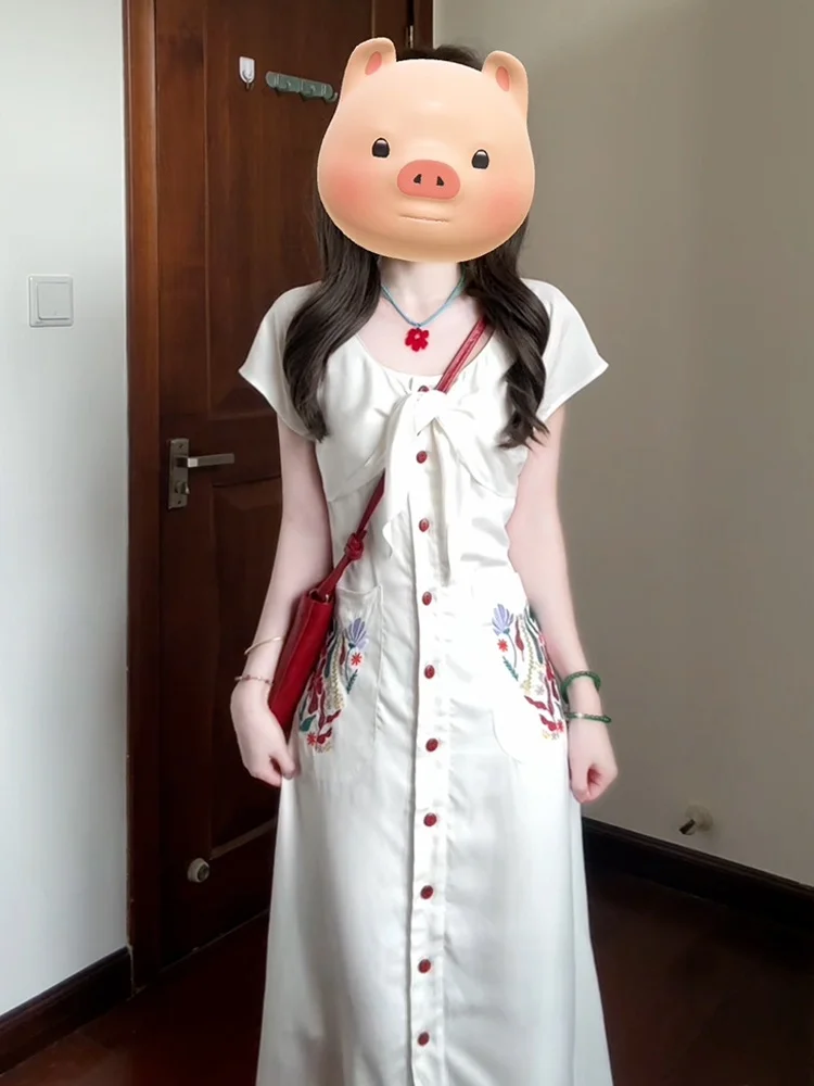 Robe brodée rétro blanche pour femmes, nouvelle collection été 2021, taille haute, ligne a, Dr Ele, jupe longue qui emettant la taille, douce
